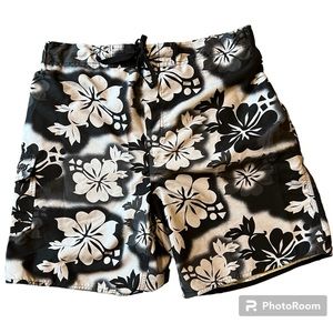Maui And Sons Board Shorts Tropical‎ Print Men's Large Black & Gray Mesh Lined